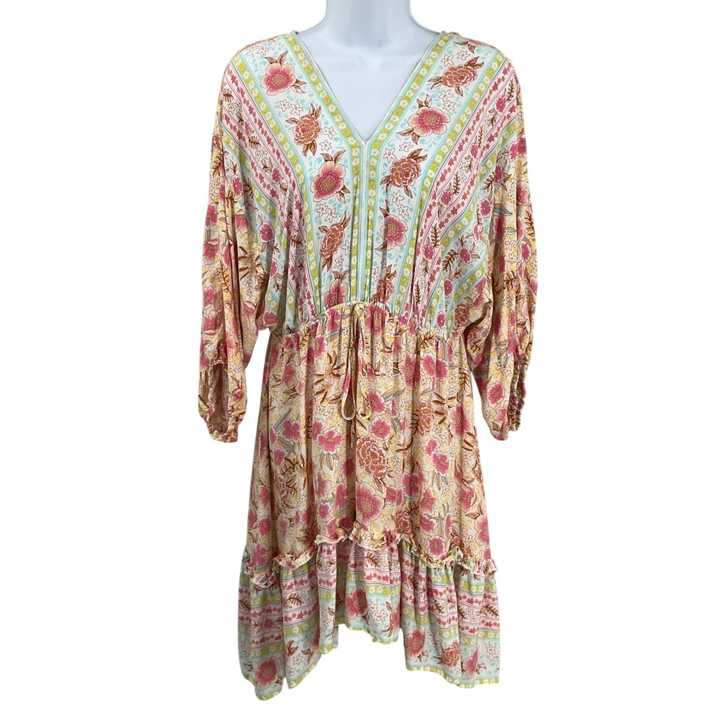 Umgee Floral Dress Womens Sz L Boho Tiered Ruffle Balloon Sleeve Cottage‎ Airy